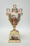 A Dresden yellow ground vase and cover with swan handles and figural cartouche, 36cm high