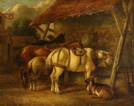 19th century oil on canvas, 'Resting work horses', unsigned, 30 x 37cm, ornate gilt frame