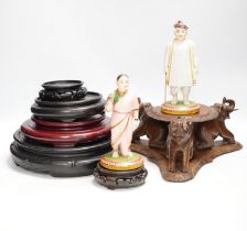 Two Indian carved and painted wood figures, an Indian or Burmese carved wood stand another various
