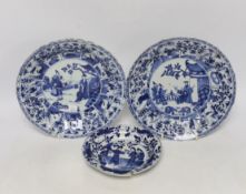 Three Chinese blue and white dishes, Kangxi/Yongzheng period, largest 22cm
