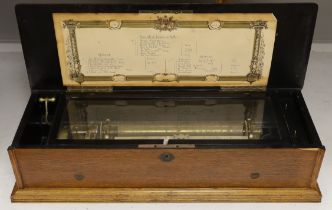 A late 19th century Swiss musical box with 92 tooth comb (one tooth broken and missing), with