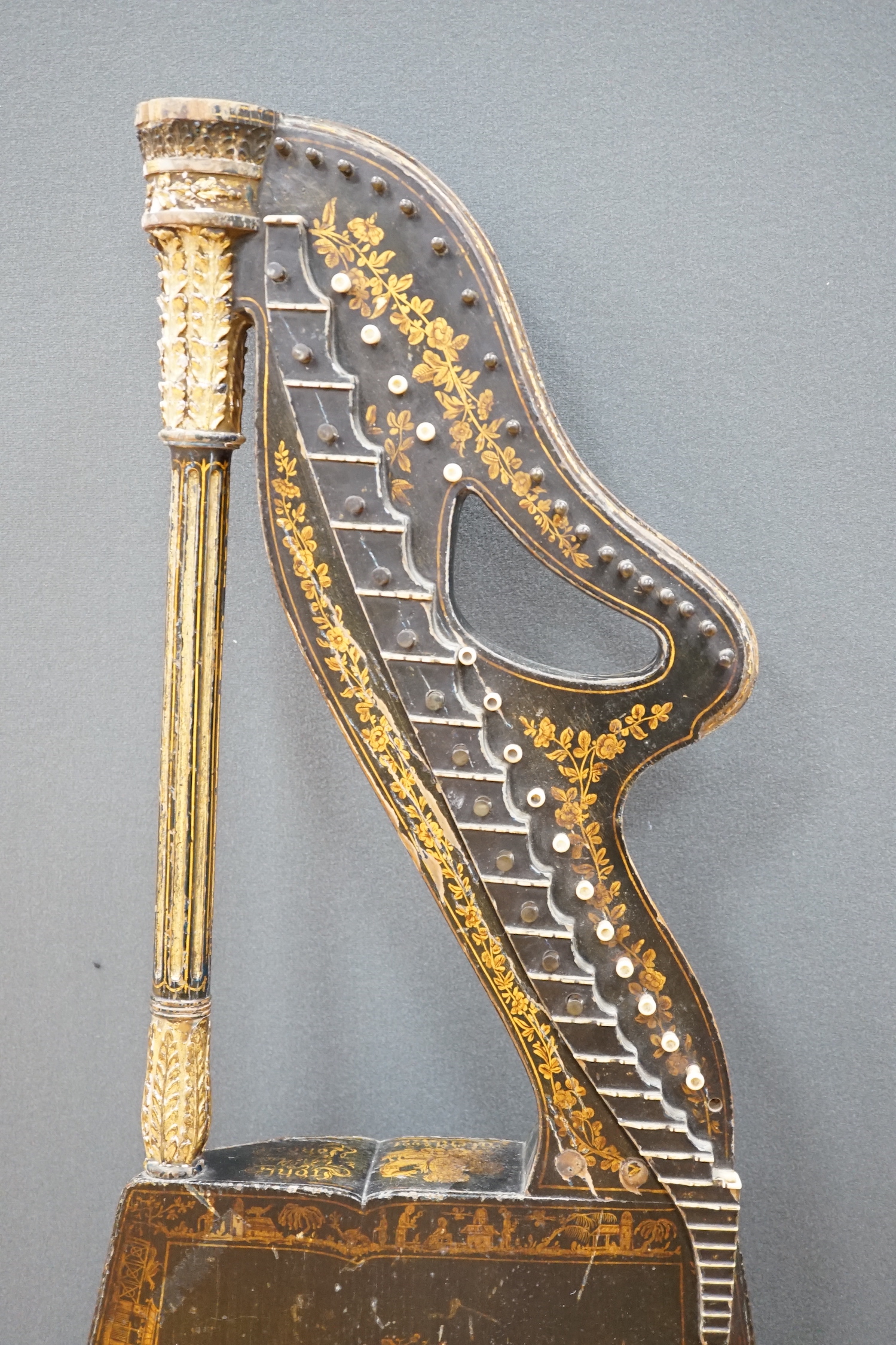 A Georgian parcel gilt and ebonised harp-lute by Edward Light, with fluted pillar, Royal coat of - Image 2 of 5