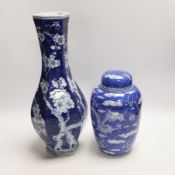 A Chinese blue and white hexagonal baluster vase, Qianlong mark, 19th century and a blue and