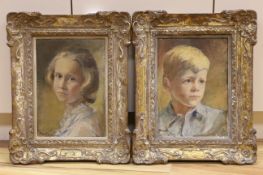 Alice M. Burton RBA (1892-1973), pair of oils on canvas, Portraits of a young boy and girl, each