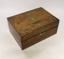 A William IV brass inset rosewood work box with fitted interior, 25cm wide
