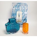 A Whitefriars kingfisher blue TV vase and tangerine Traffic Light vase and related reference book,