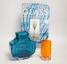 A Whitefriars kingfisher blue TV vase and tangerine Traffic Light vase and related reference book,