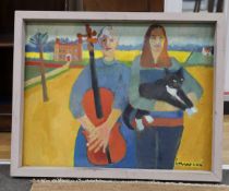 Derek Inwood (1925-2012), one pastel and one oil, ‘Cat and guitar’ and 'The Lodge, Sherringham