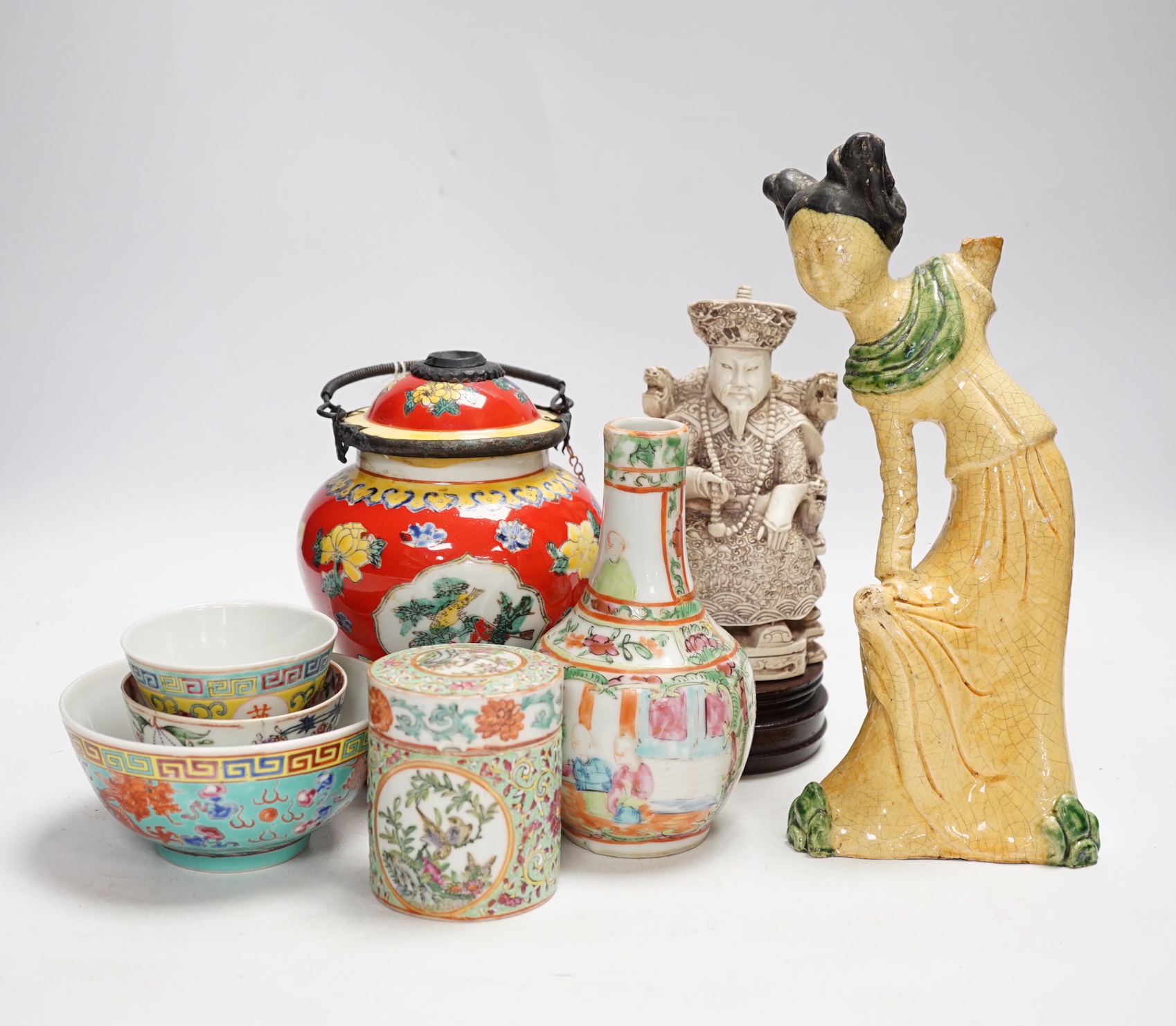 A group of Chinese ceramics 18th century and later, including a bottle vase, a water pipe vessel,