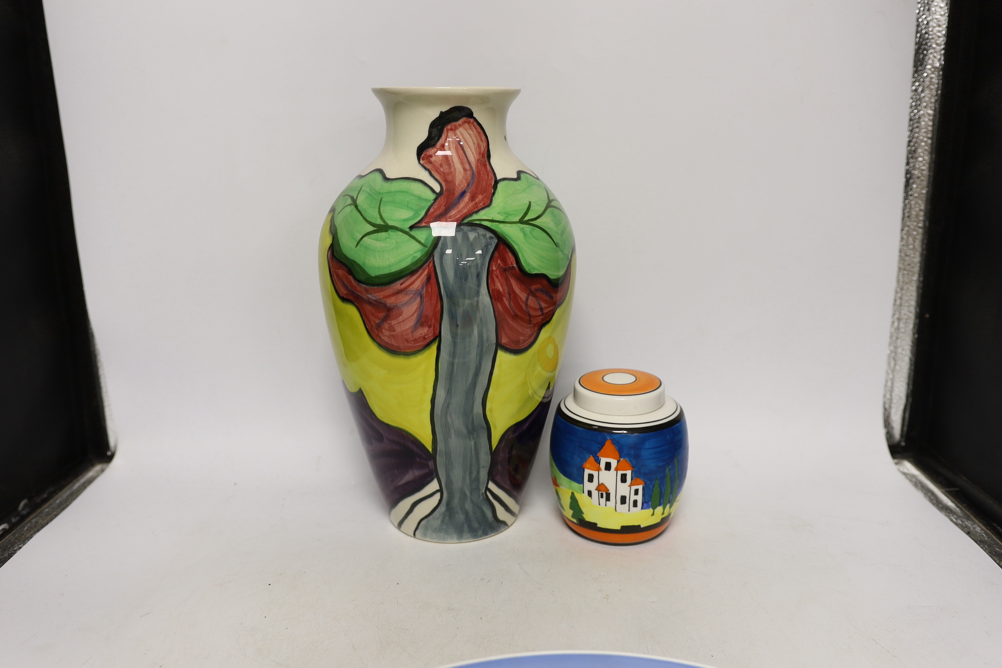 Four Clarice Cliff style plates, a similar vase and a jar and cover, tallest 31cm - Image 2 of 7