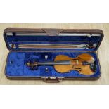 A cased 1830s violin by Didier Nicolas L'aine, branded inside the body, body length 36cm, with two