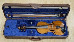 A cased 1830s violin by Didier Nicolas L'aine, branded inside the body, body length 36cm, with two