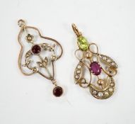 An early 20th century 9ct , peridot, garnet and seed pearl set cluster pendant, in the Suffragette