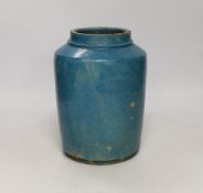 A 19th century Persian turquoise glazed fritware jar, 20cm high