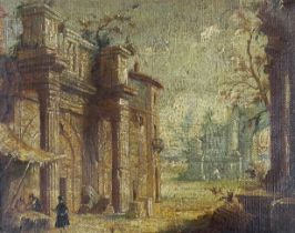 19th century, oil on canvas, ‘The Colonnacce Ruins in the forum of Nerva, Rome’, 15 x 19cm, housed