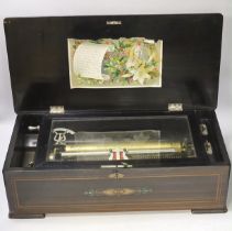 A late 19th century Swiss inlaid rosewood cased musical box, single cylinder with a 52 note comb