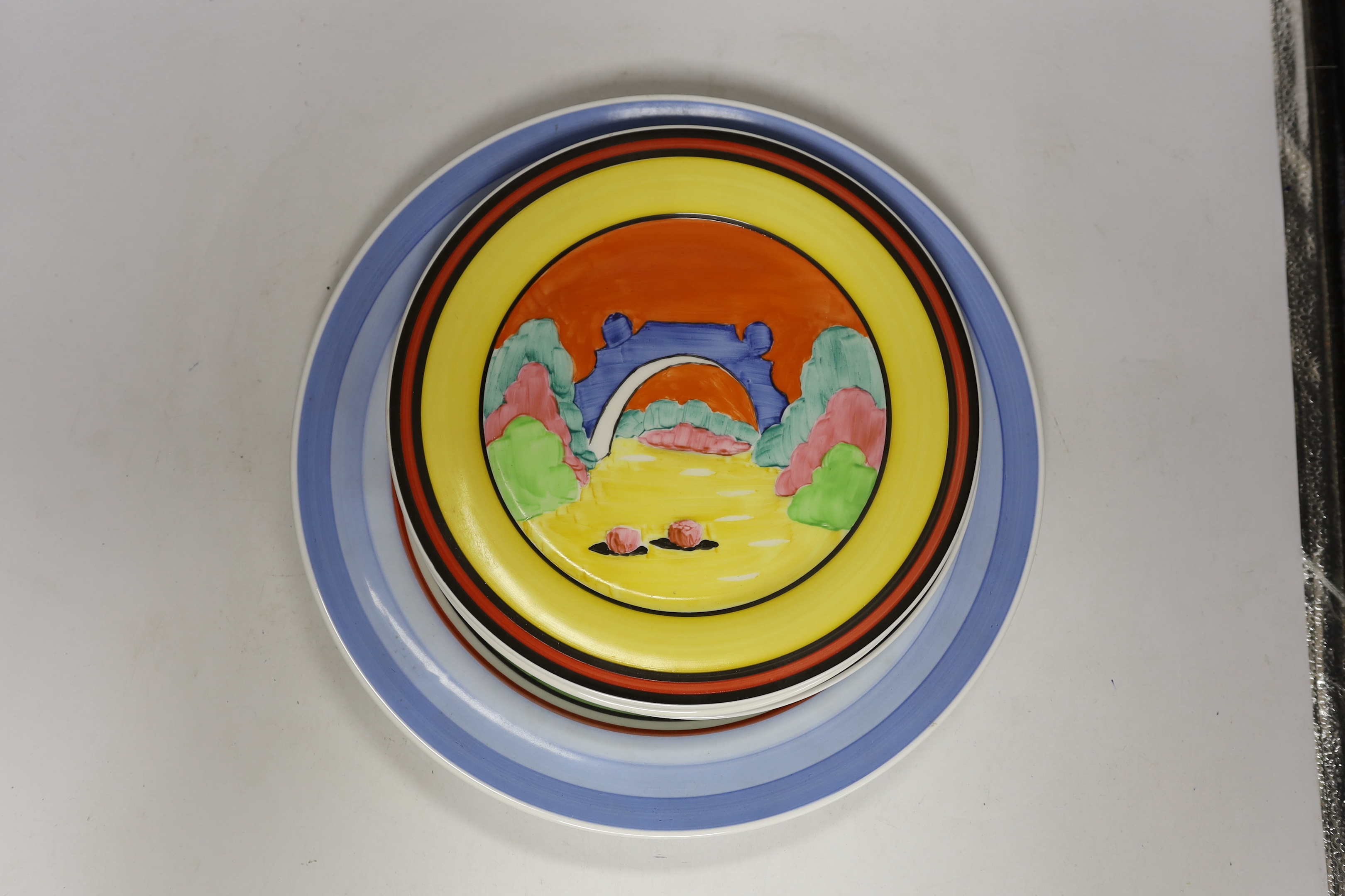 Four Clarice Cliff style plates, a similar vase and a jar and cover, tallest 31cm - Image 5 of 7