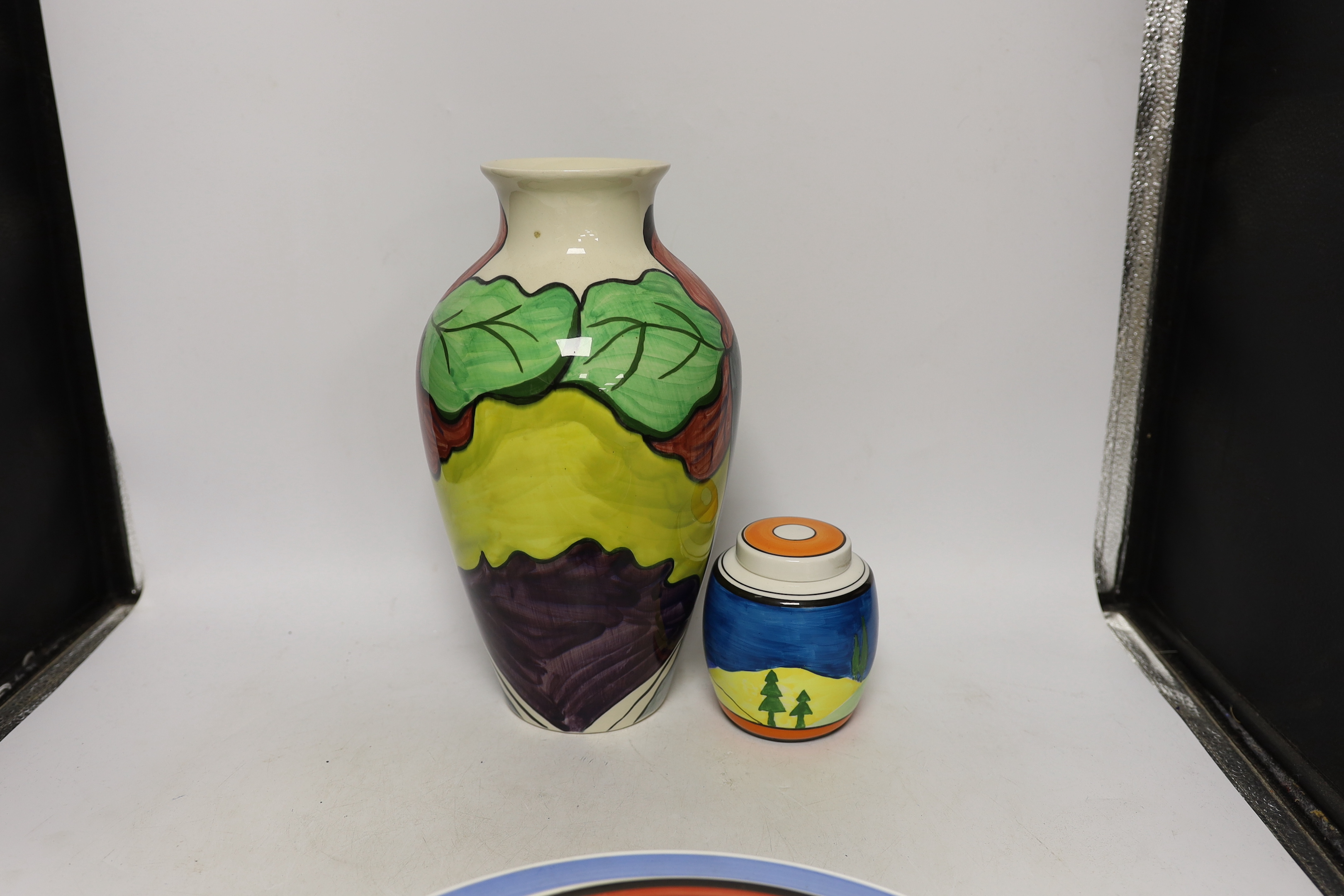 Four Clarice Cliff style plates, a similar vase and a jar and cover, tallest 31cm - Image 3 of 7