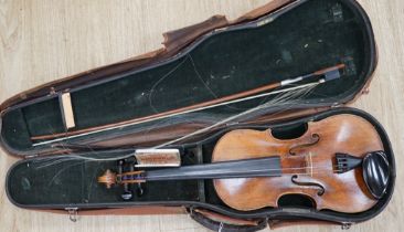 A cased 19th century German violin with paper label for Schweitzer copy Amati Pestini, length of