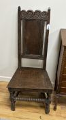 A 17th century and later oak side chair, width 50cm, depth 37cm, height 116cm