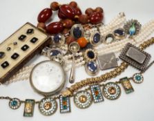 A small group of assorted costume jewellery, wrist and pocket watches and a silver envelope stamp