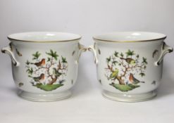 A pair of large Herend Rothschild 'birds' pattern jardinieres, 20.5cm tall
