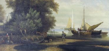 Manner of Salomon Verveer (Dutch 1813-1876), oil on canvas, Coastal landscape with fishing boats, 24
