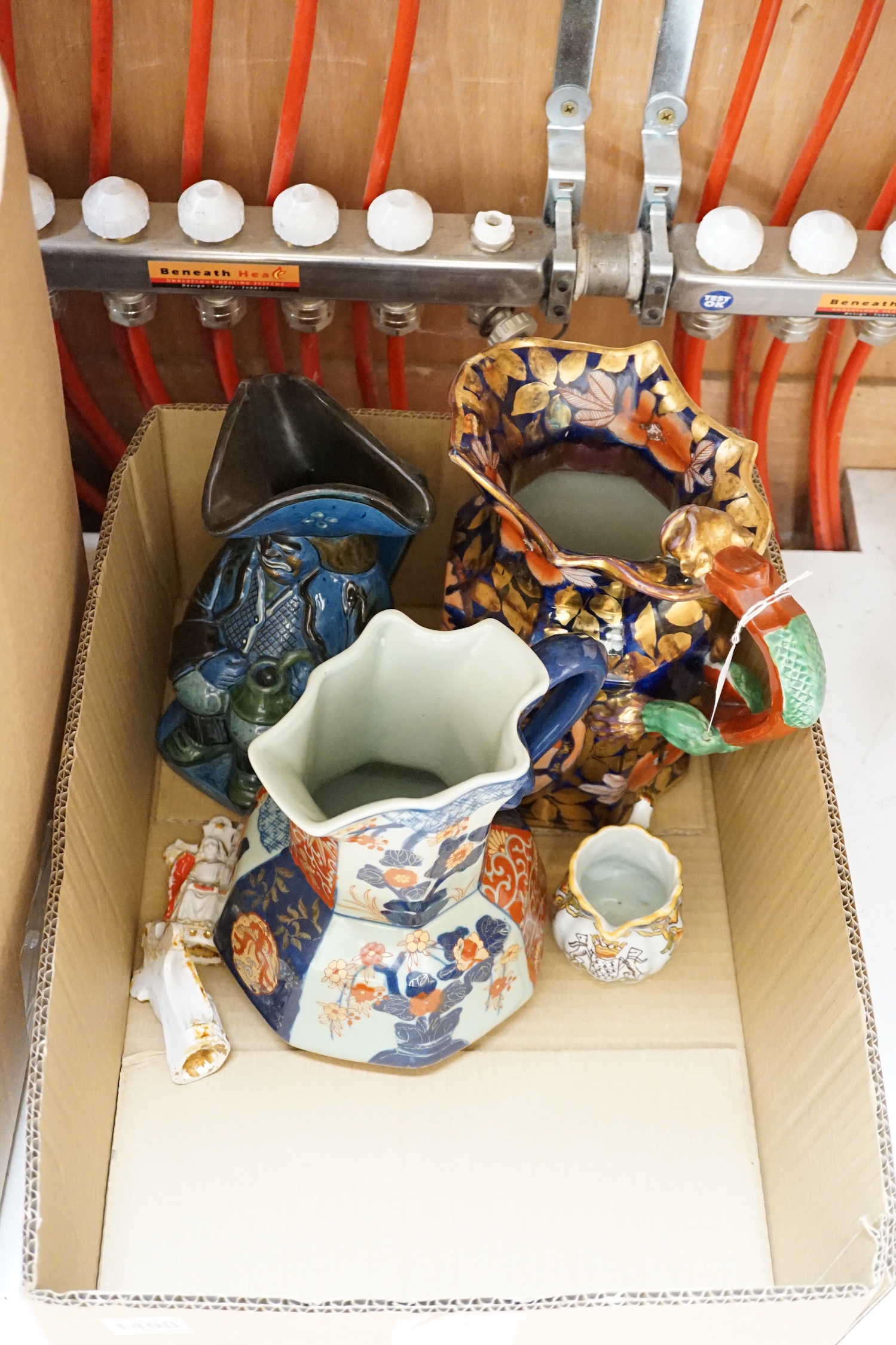 Sundry ceramics including pair of Masons Ironstone jugs, two Toby jugs and faience glazed armorial - Image 2 of 3