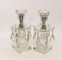 A pair of Victorian cut glass candlestick lustres, 24cm high