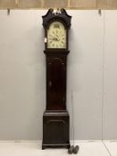 An early 19th century oak eight day longcase clock with arched painted dial, height 227cm