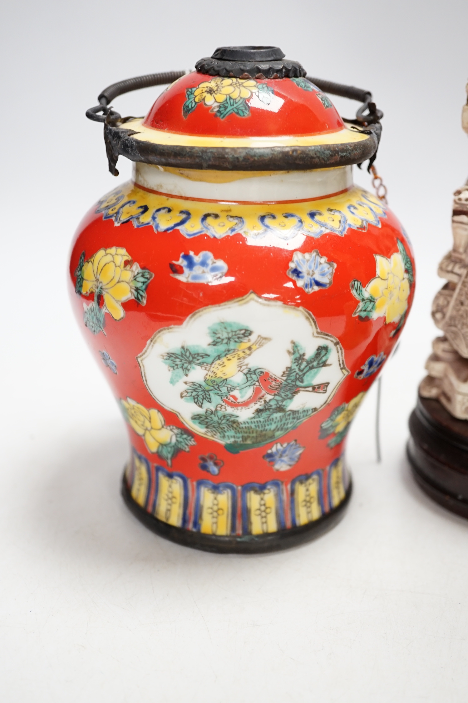 A group of Chinese ceramics 18th century and later, including a bottle vase, a water pipe vessel, - Image 10 of 11