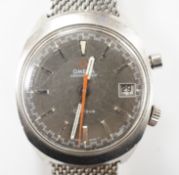 A gentleman's 1970's? stainless steel Omega Chronostop manual wind wrist watch, on a steel Omega