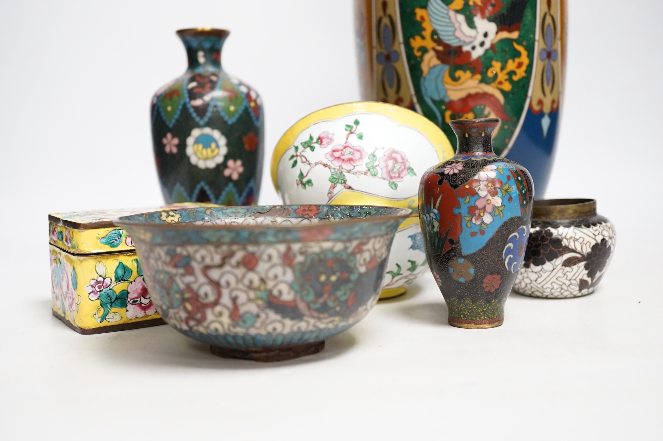 Four Japanese cloisonné enamel vases and a similar bowl and two Canton enamel bowls and similar - Image 2 of 11