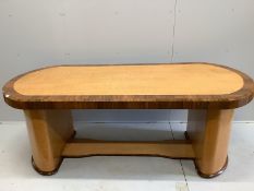 An Art Deco walnut banded satinwood dining or centre table, width 220cm, depth 98cm, height 80cm.