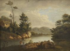 English School c.1800, oil on canvas, River landscape with anglers, 23 x 30cm, ornately framed