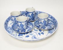 A Japanese blue and white pot coffee set and a 19th century blue and white cheese dish and a Chinese
