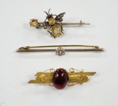 An Edwardian 15ct and diamond cluster set bar brooch, 60mm and two other gem set bar brooches
