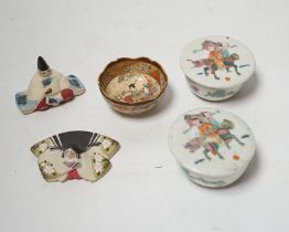 A pair of late 19th century Chinese famille rose jars and covers, Satsuma small bowl and two pottery