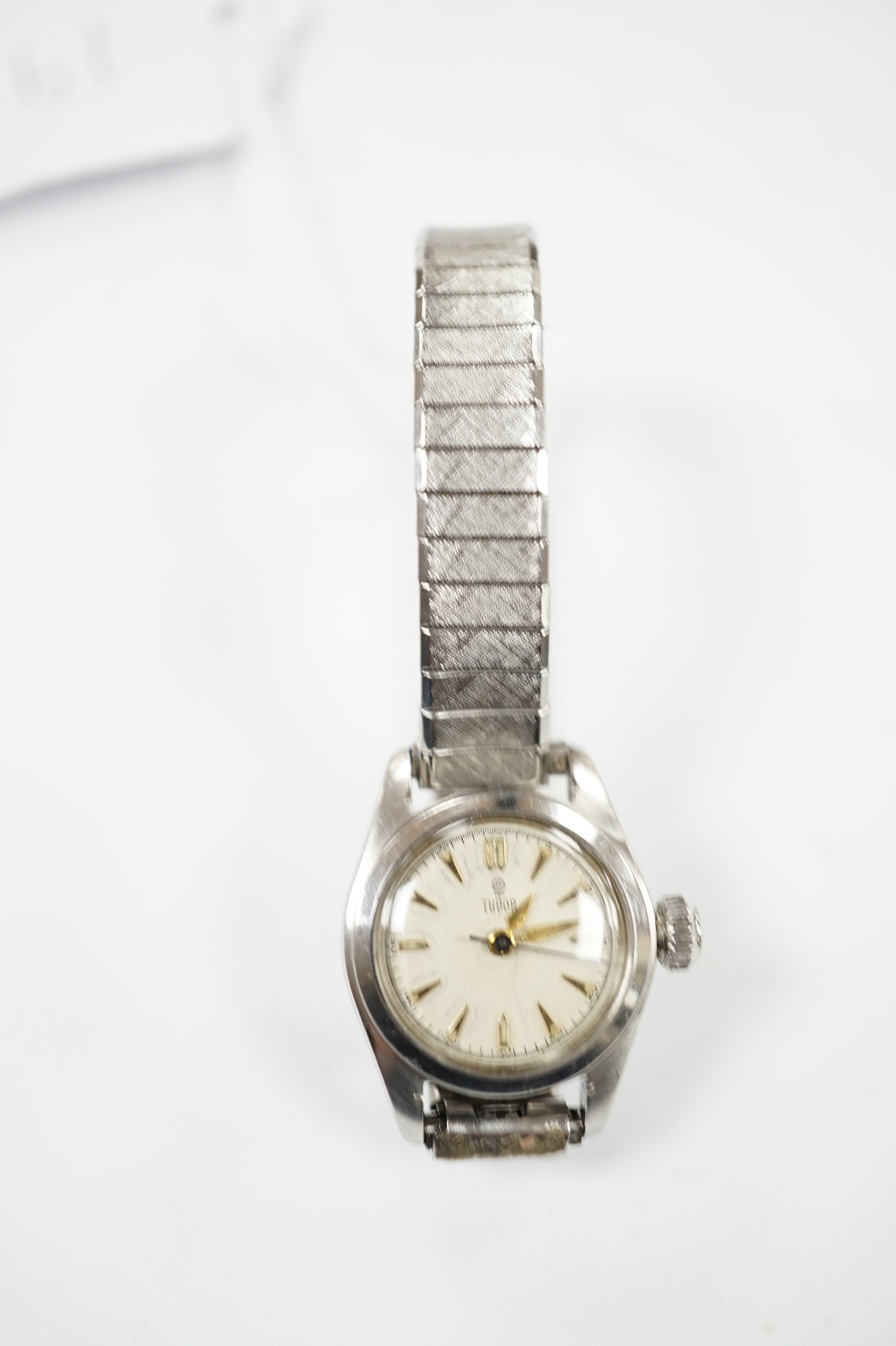 A lady's stainless steel Tudor manual wind wrist watch, with baton numerals, on an associated - Image 3 of 4