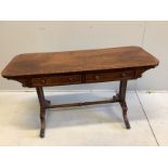 A Regency rectangular banded mahogany two drawer centre table, width 132cm, depth 53cm, height 71cm