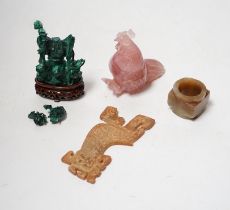 A group of Chinese hardstone carvings and a soapstone cong, largest 10.5cm