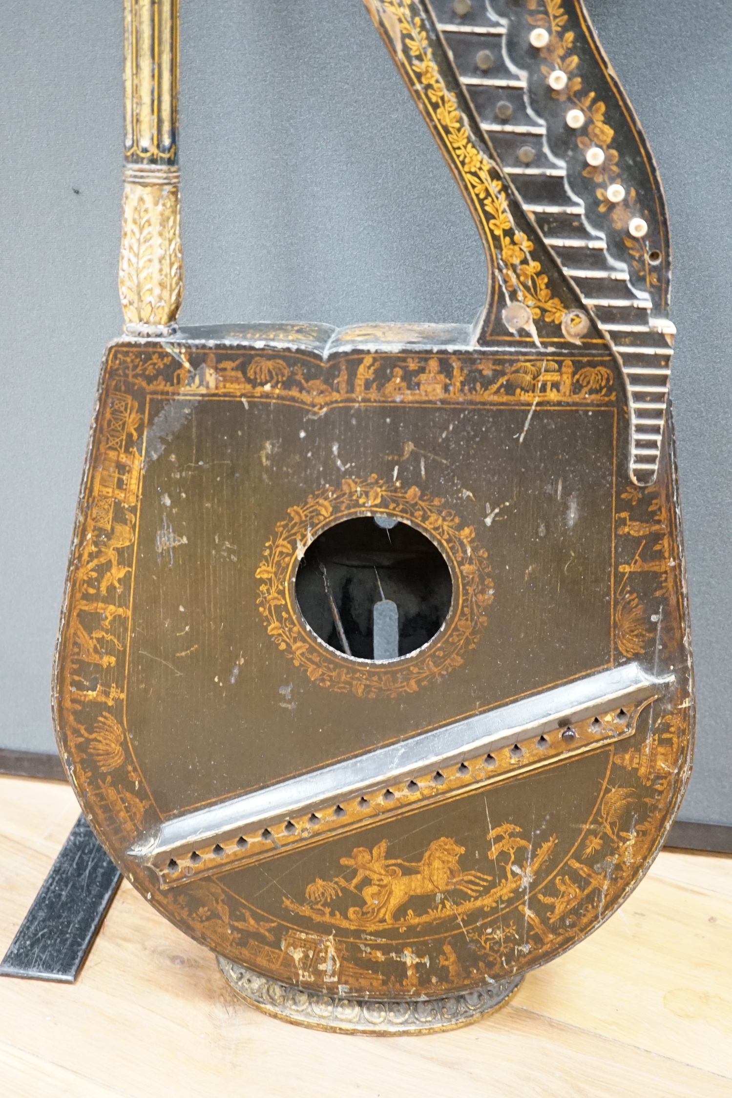 A Georgian parcel gilt and ebonised harp-lute by Edward Light, with fluted pillar, Royal coat of - Image 3 of 5