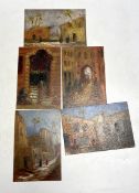 P. Buisson, set of five oils on copper panels, Middle Eastern landscapes with figures, each