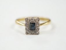 A 1920's 18ct and plat, sapphire and diamond set rectangular cluster ring, size M, gross weight 2.