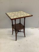 A late Victorian mahogany two tier tiled top occasional table, width 49cm, depth 49cm, height 67cm