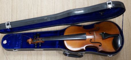 A cased German student’s violin, ‘copy of Antonius Stradivarius’, without bow