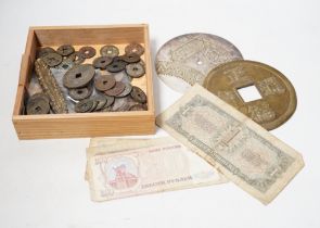 A group of Chinese tong bao cash coins, mostly Qianlong and Jiaqing and various World Bank notes