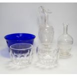 A Victorian ewer, a flask, two finger bowls and a blue glass bowl, ewer 30cm high