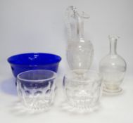 A Victorian ewer, a flask, two finger bowls and a blue glass bowl, ewer 30cm high