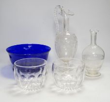 A Victorian ewer, a flask, two finger bowls and a blue glass bowl, ewer 30cm high
